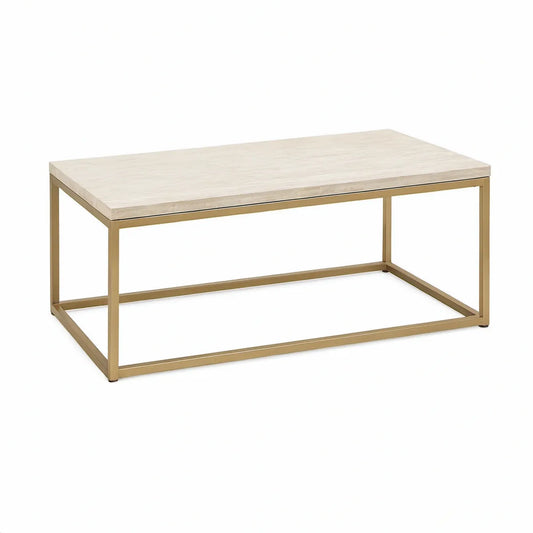 Obdélníkový konferenční stolek 100 × 60 × 45 cm, MDF v dekoru světlého mramoru, zlatý ocelový rám