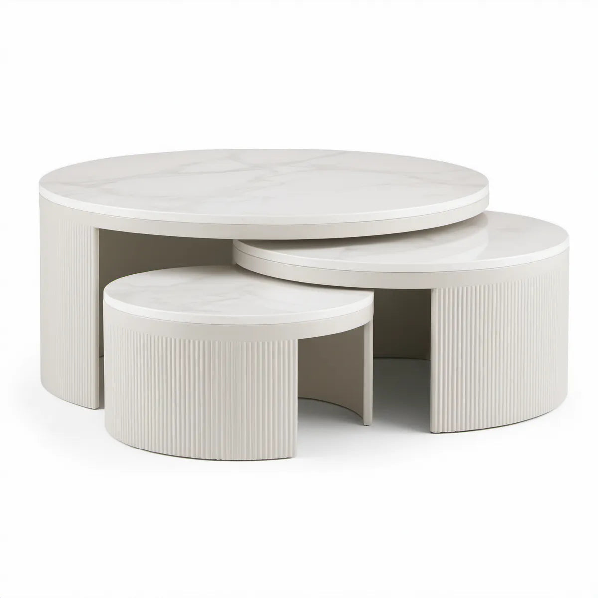 Sada 3 kulatých konferenčních stolků z MDF, bílá se šedým mramorovým dekorem, Ø 80/60/40 cm