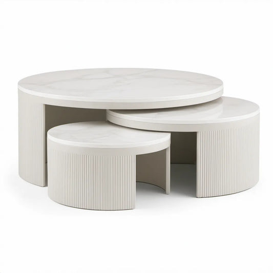 Sada 3 kulatých konferenčních stolků z MDF, bílá se šedým mramorovým dekorem, Ø 80/60/40 cm