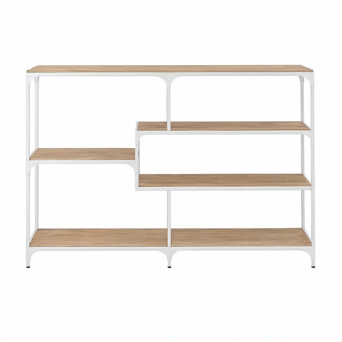 Konzolový stolek s 5 policemi, MDF a ocel, dekor přírodního dubu/bílá, 120 × 30 × 90 cm