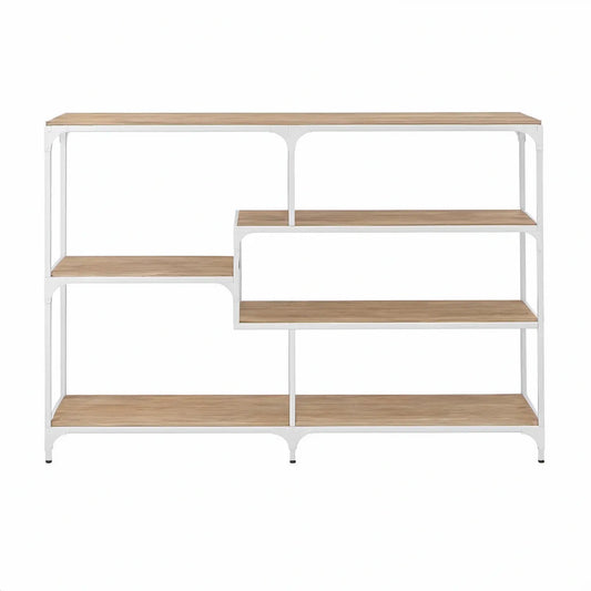 Konzolový stolek s 5 policemi, MDF a ocel, dekor přírodního dubu/bílá, 120 × 30 × 90 cm