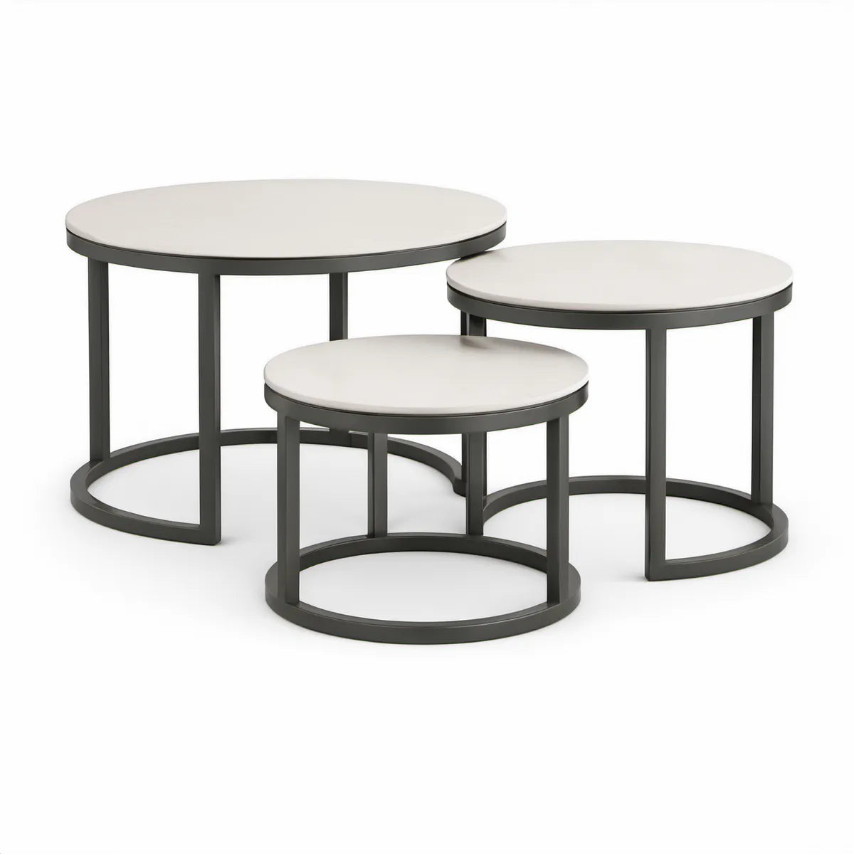 Sada 3 kulatých konferenčních stolků s bílou deskou a černou ocelovou konstrukcí, Ø 80 × 45 cm, Ø 60 × 40 cm, Ø 40 × 35 cm