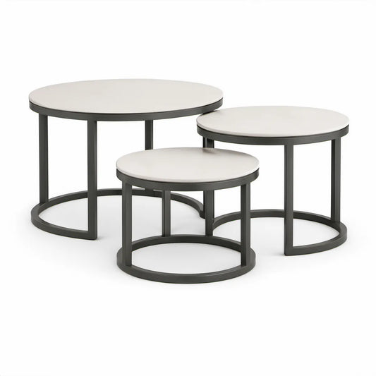 Sada 3 kulatých konferenčních stolků s bílou deskou a černou ocelovou konstrukcí, Ø 80 × 45 cm, Ø 60 × 40 cm, Ø 40 × 35 cm