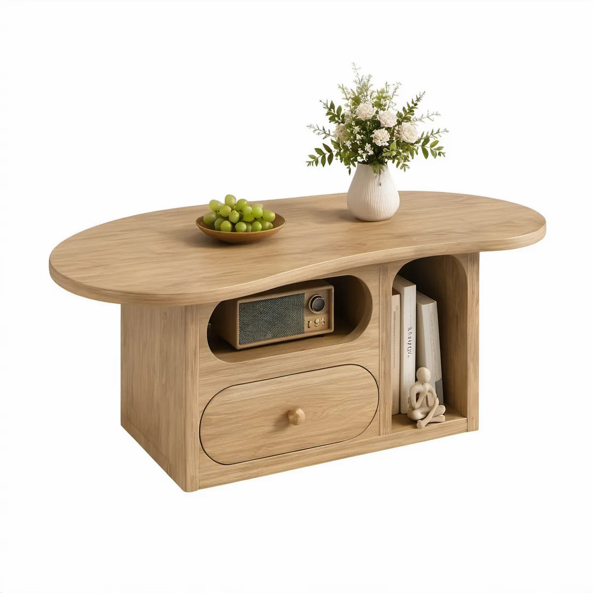 Oválný stolek s úložným prostorem, MDF v dekoru přírodního dubu, 120 × 60 × 45 cm